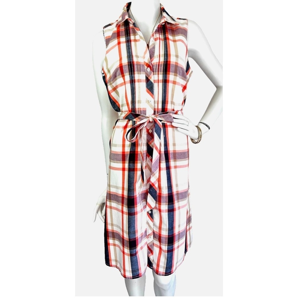 Tommy Hilfiger Plaid Shirt Dress Size Medium Plaid Cotton Linen Sleeveless Belt - Picture 2 of 9